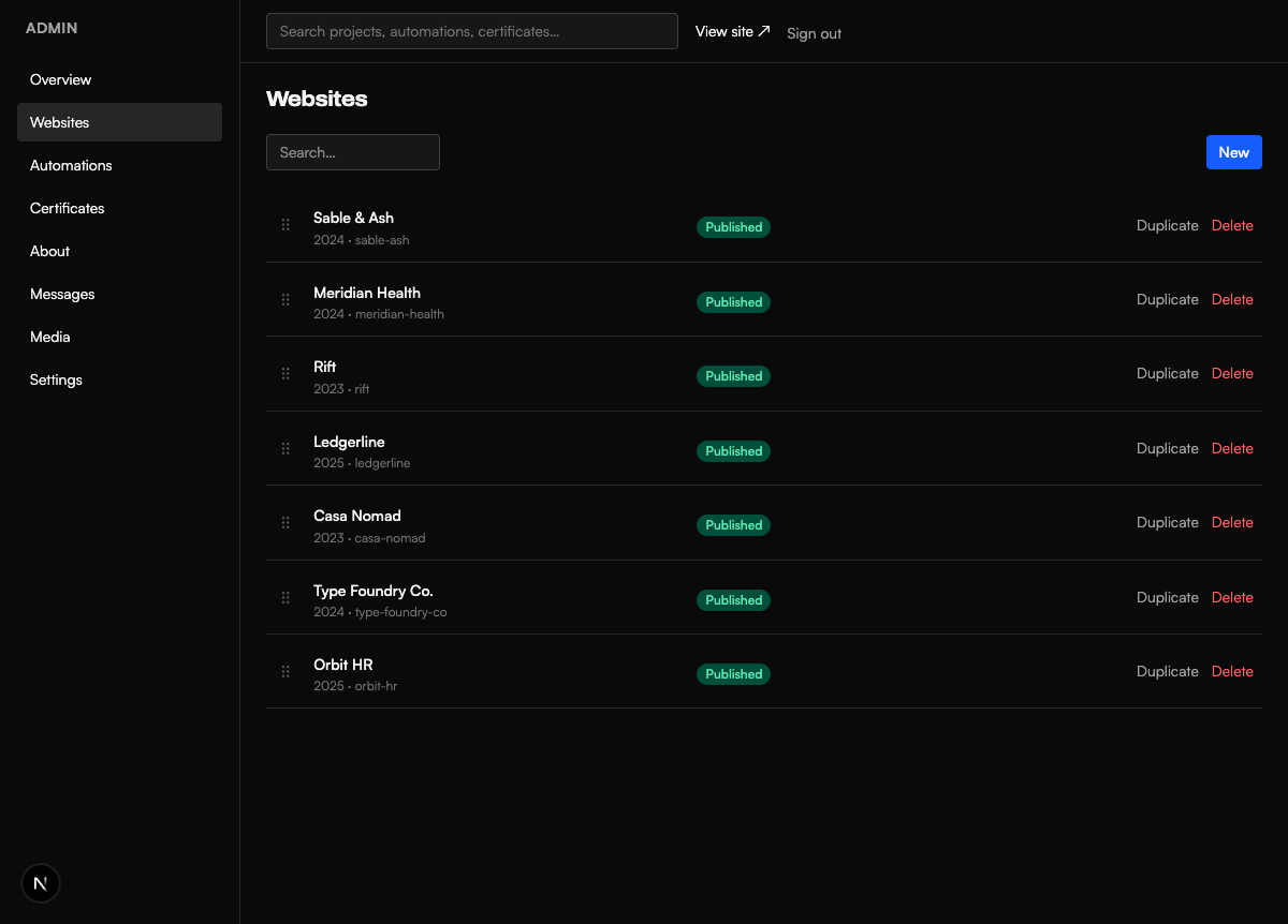 Admin projects list with drag-to-reorder, publish toggles, and duplicate/delete actions