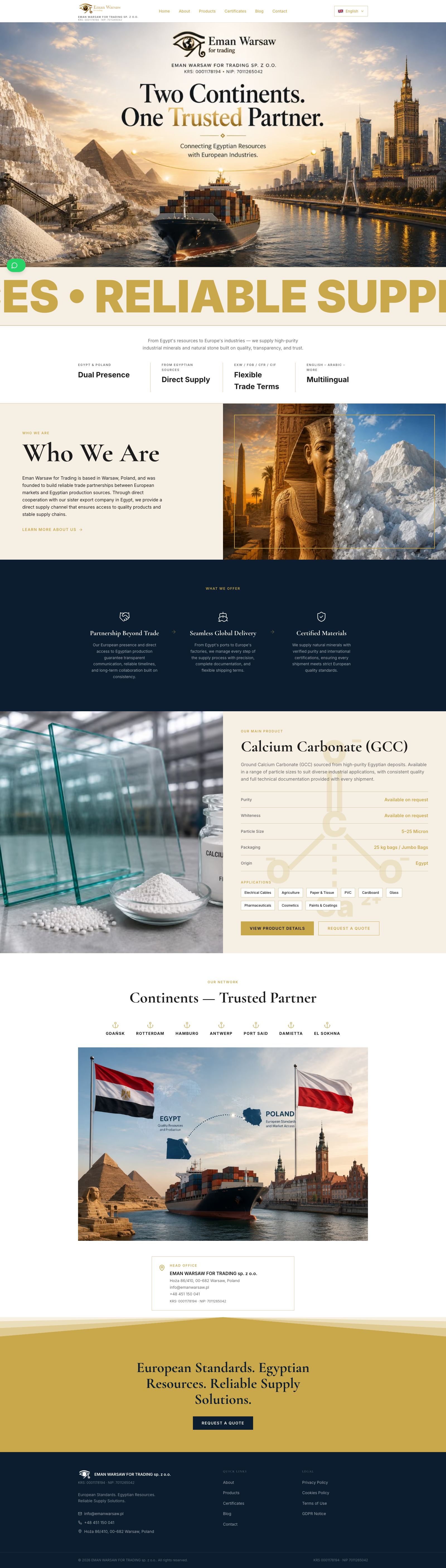 Eman Warsaw homepage: 'European Standards. Egyptian Resources.'