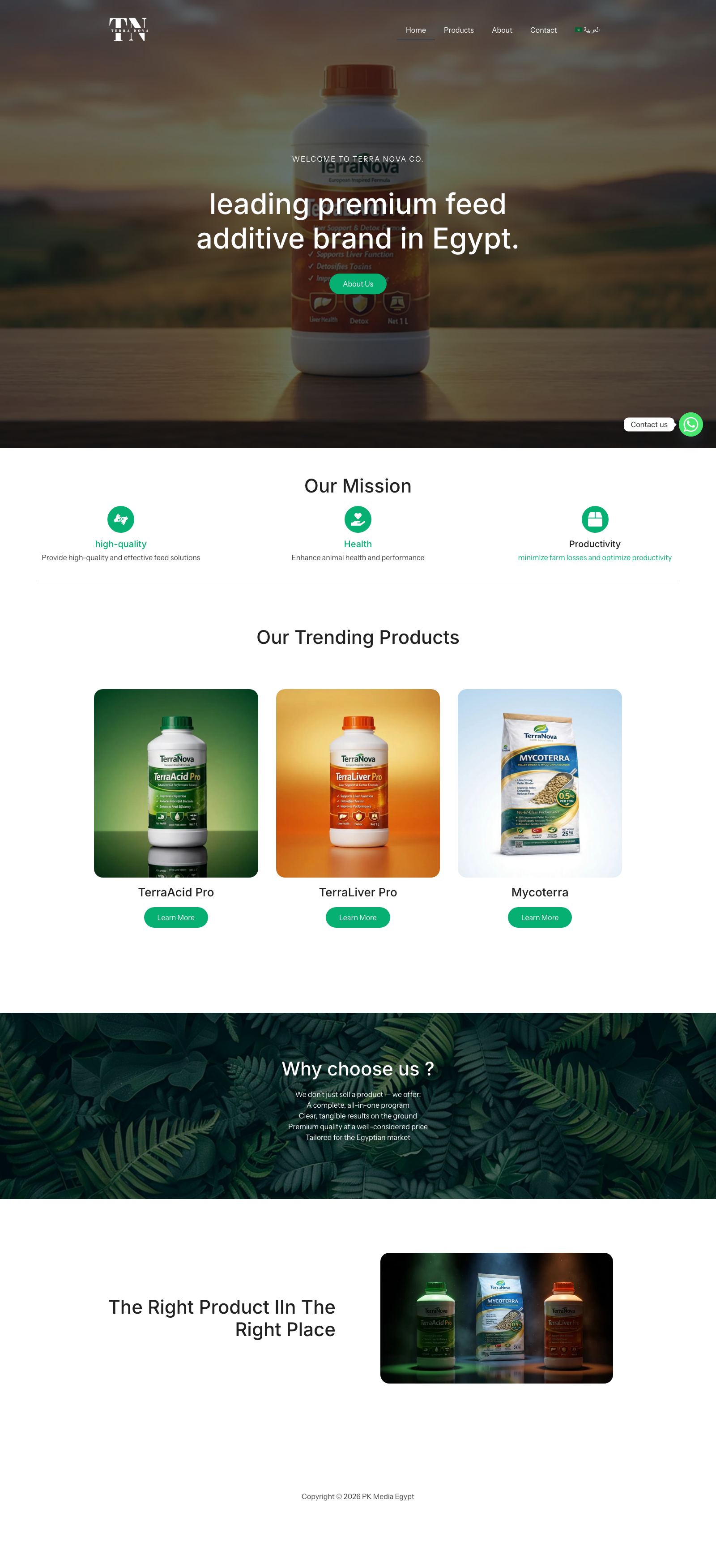 Terra Nova homepage: 'leading premium feed additive brand in Egypt'.