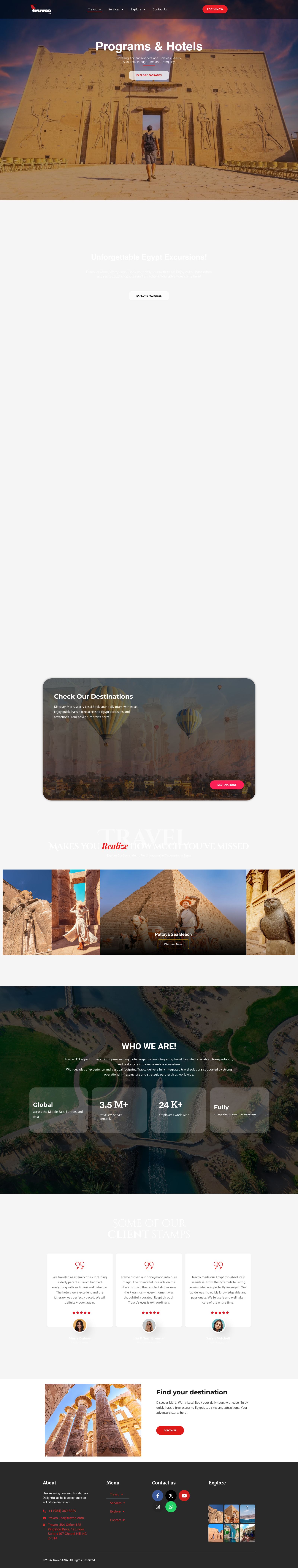 Travco USA homepage: 'Programs & Hotels' over a photograph of an Egyptian temple pylon.